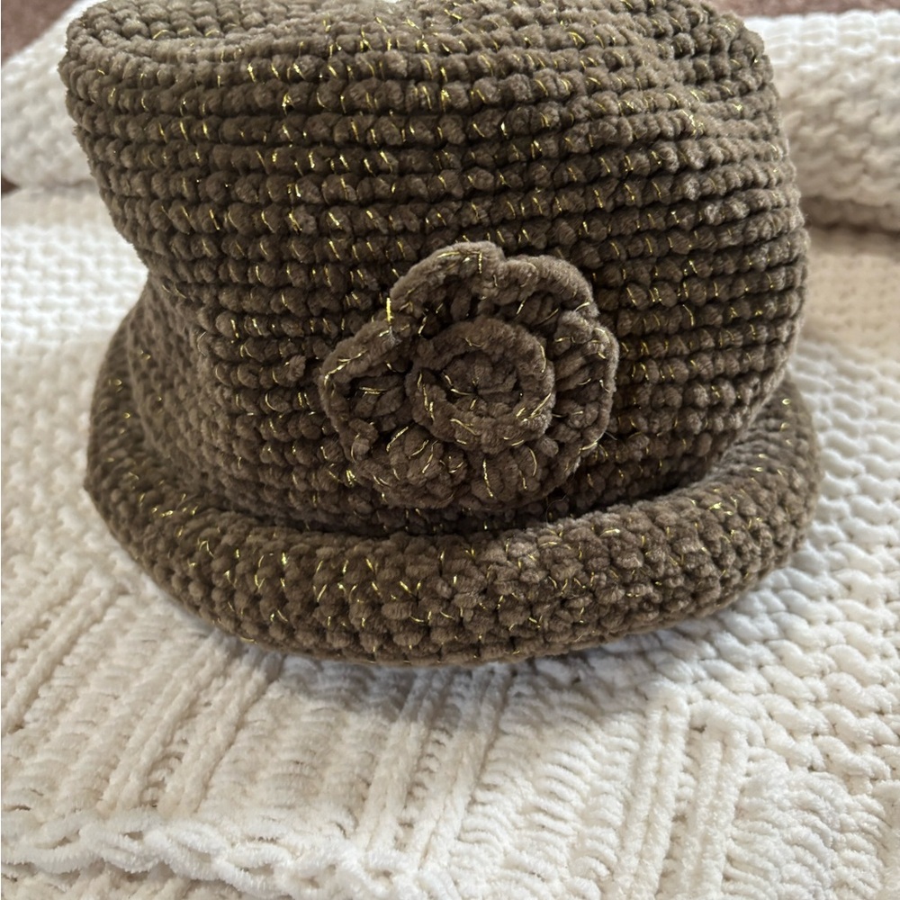 August Hats Brown Knit Hat with Flower Accent